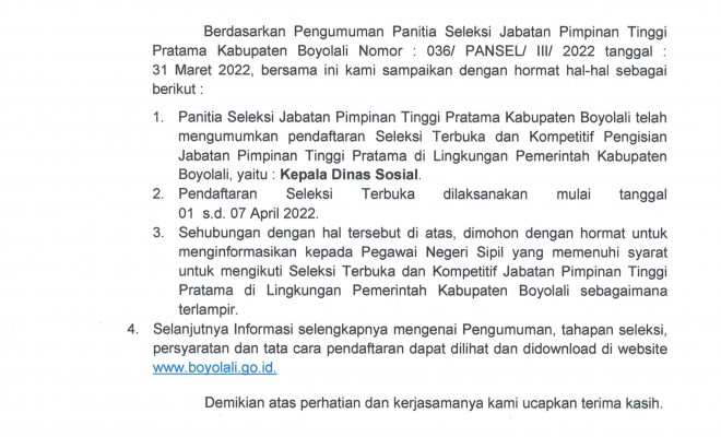 Pengumuman Seleksi Terbuka JPT Pratama Kabupaten Boyolali Tahun 2022